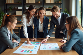 Groupe de professionnels en réunion de travail dynamique