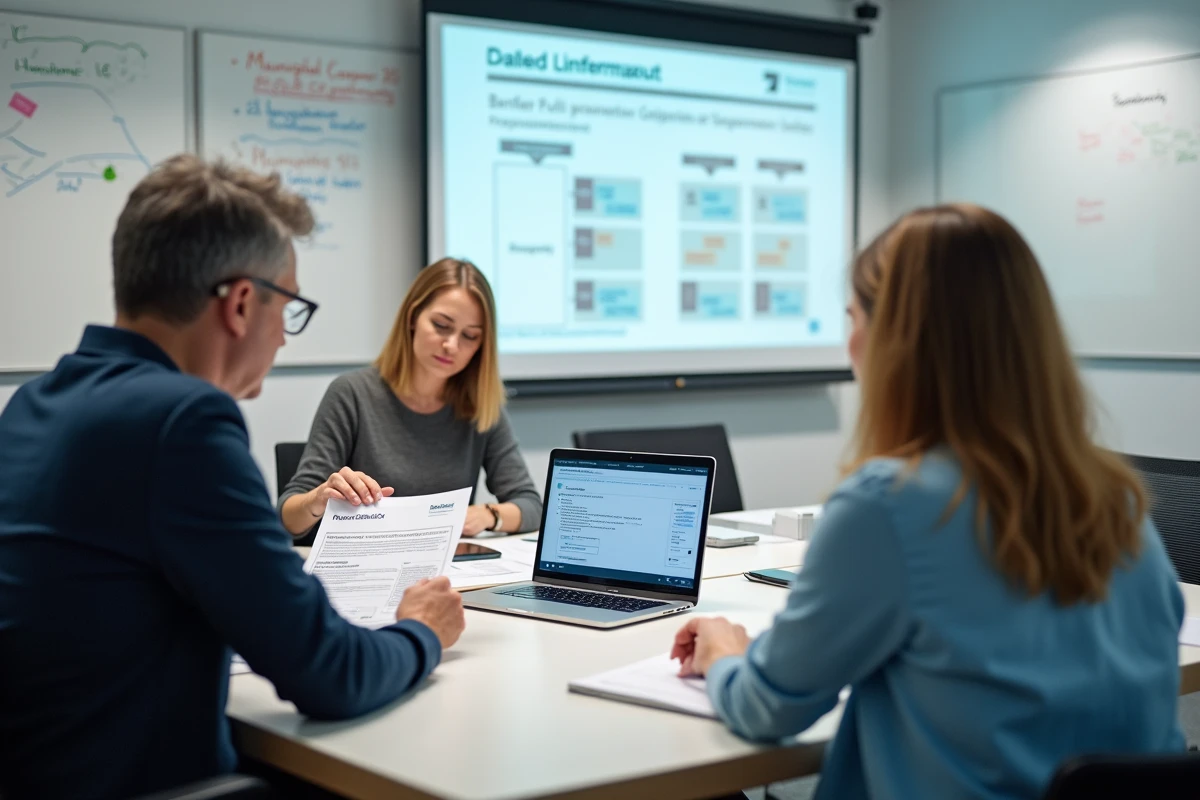 Équipe de professionnels des collectivités locales étudiant des guides Berger Levrault lors d'une réunion de formation