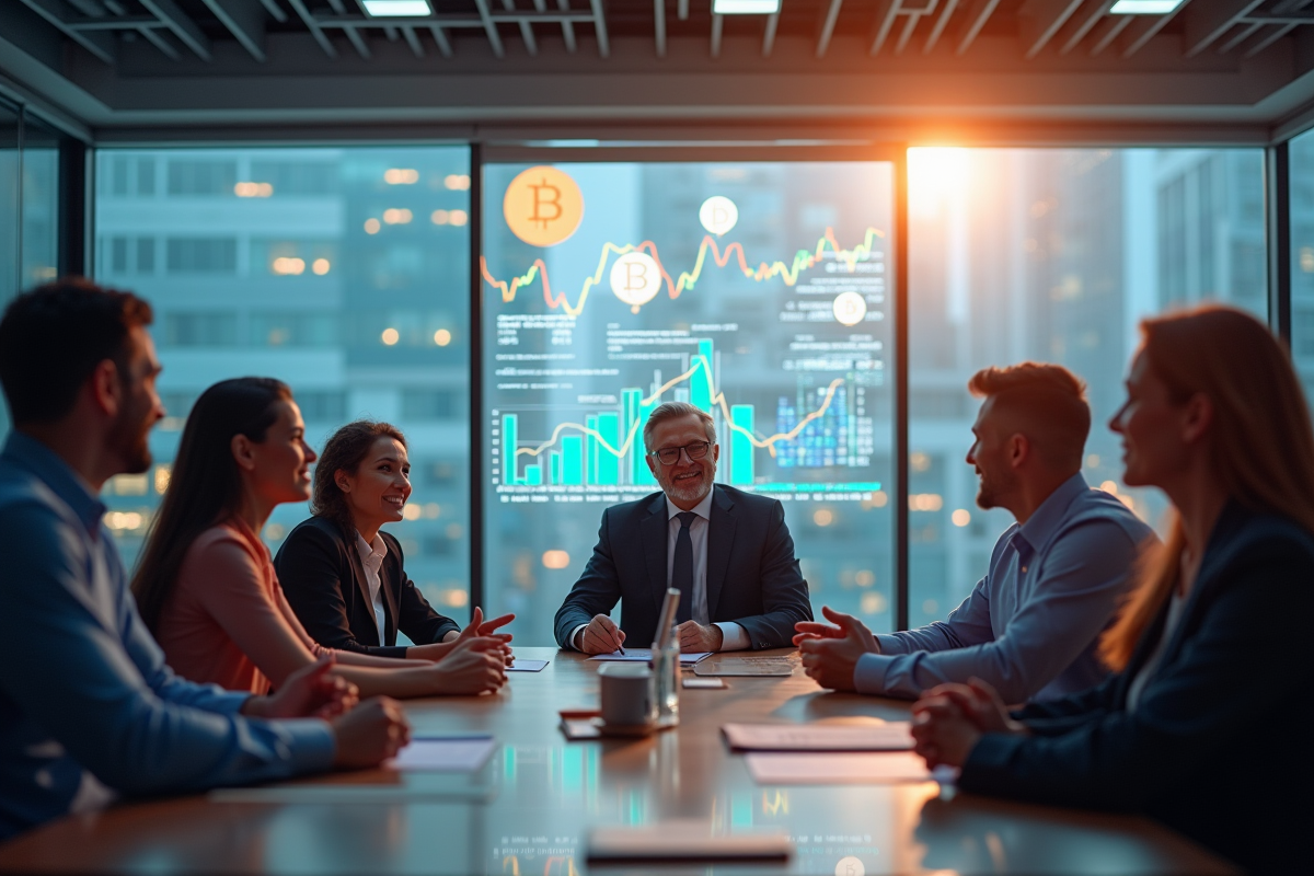 Groupe de professionnels discutant de finances en réunion