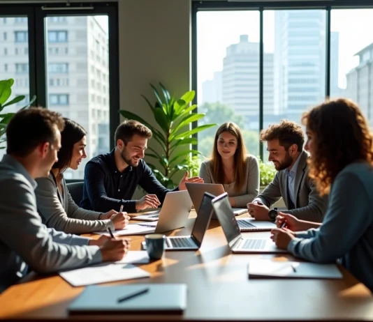 Pourquoi l’IA ne remplacera pas une vraie agence Social Media ? Groupe de jeunes professionnels en réunion dans un bureau moderne