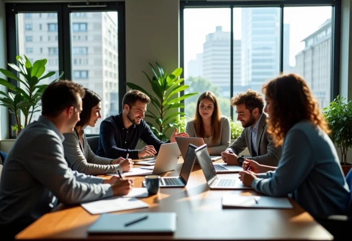 Groupe de jeunes professionnels en réunion dans un bureau moderne