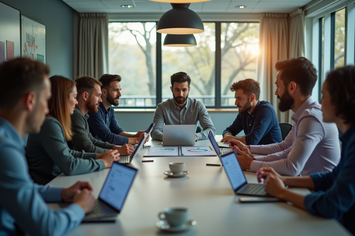 Equipe diverse collaborant autour d une table avec appareils mobiles