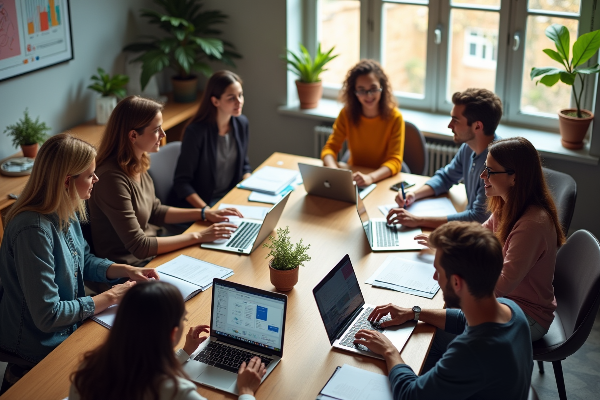 Equipe diverse en réunion créative autour d