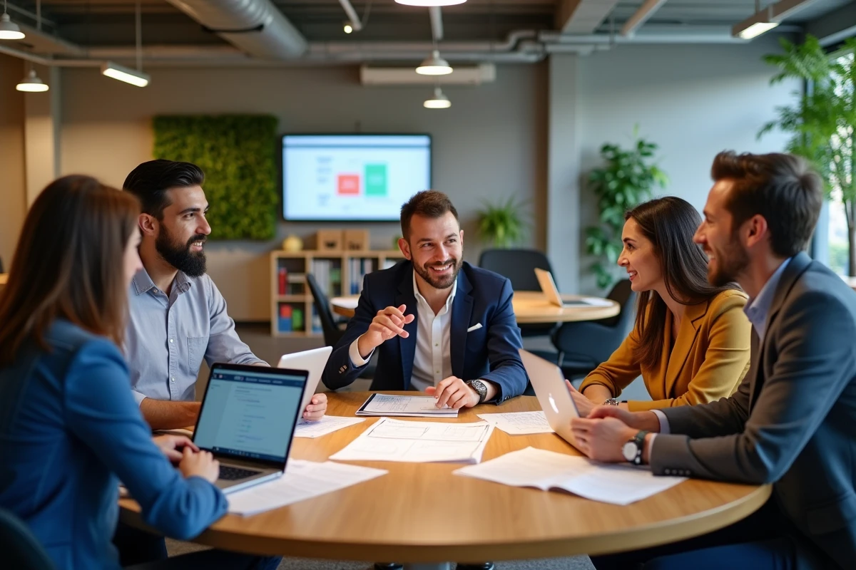 Équipe de professionnels discutant de la stratégie de domaine et des forces concurrentielles dans un espace de co-working moderne