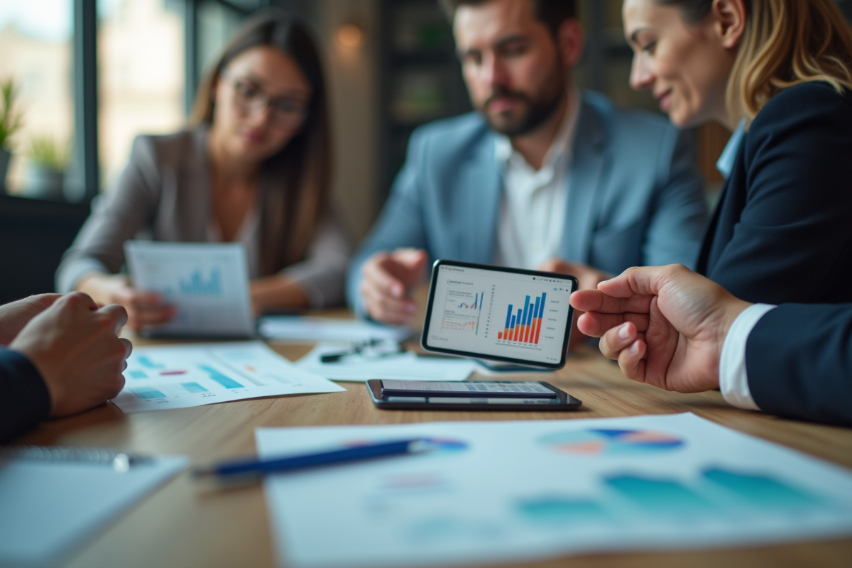 Groupe de travail discutant avec tablettes et smartphones financiers