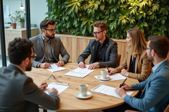 Groupe de professionnels discutant autour d'une table en design circulaire