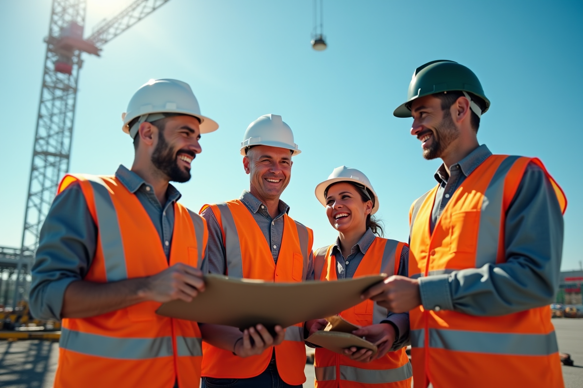 Groupe de seniors en sécurité sur un site industriel en équipe