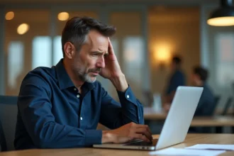 Homme frustré devant son ordinateur portable dans un bureau moderne, illustrant les erreurs de prise de contact avec des prospects