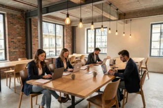 Espace de coworking moderne à Saint-Ouen avec bureau partagé et professionnels au travail