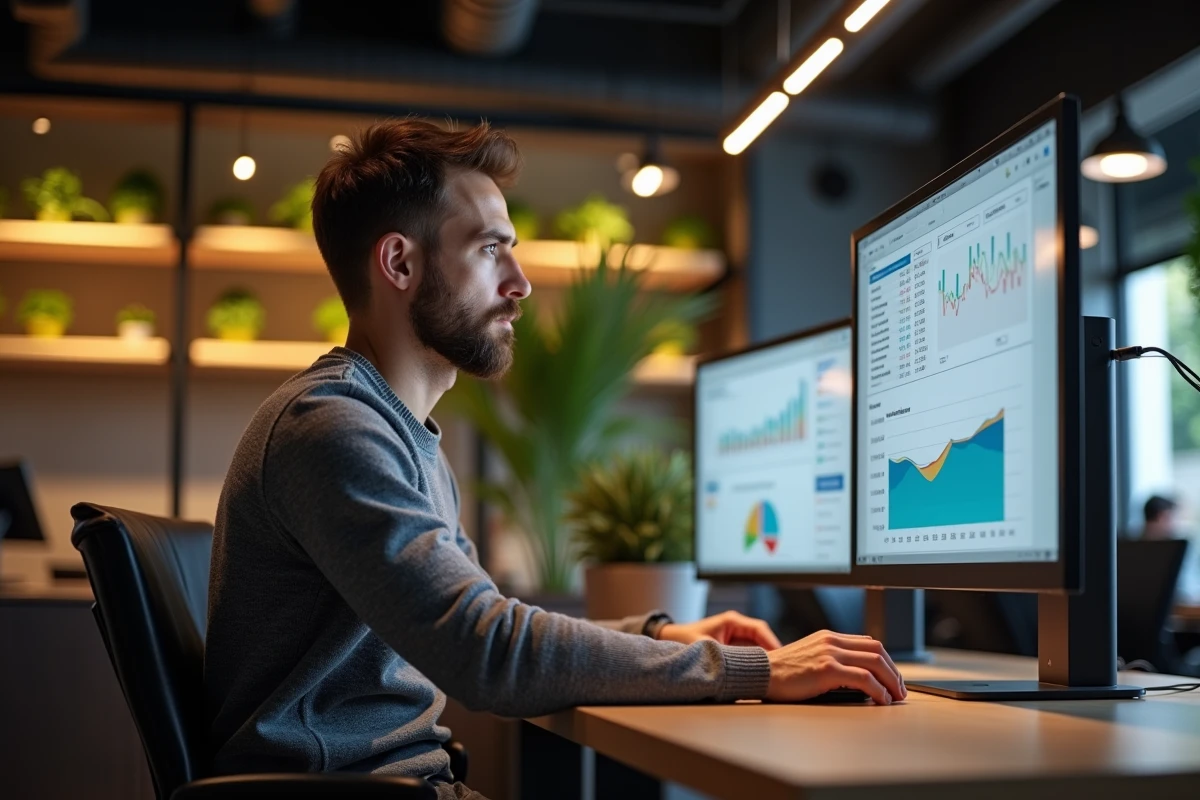 Expert en data marketing concentré sur des tableaux de bord analytiques dans un espace de coworking moderne avec double écran