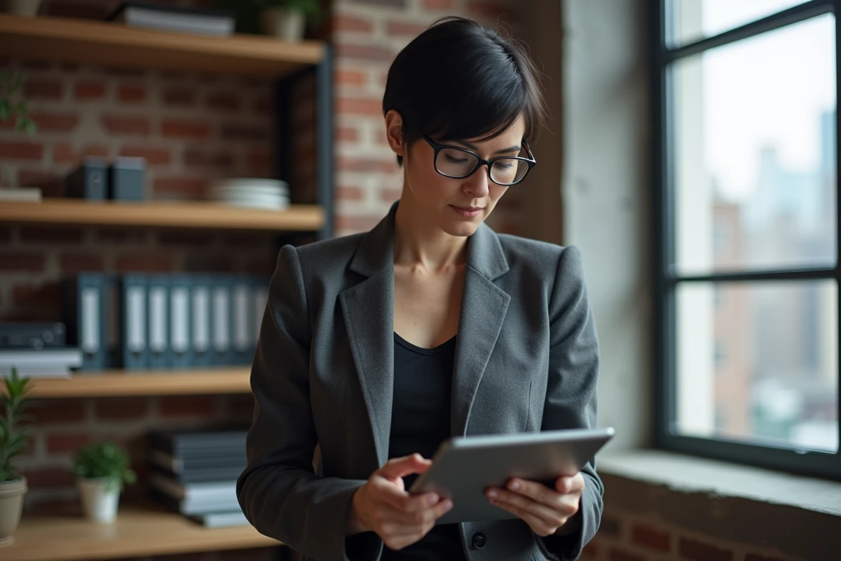 Femme professionnelle accédant à un outil de login sécurisé sur tablette dans un espace de travail moderne