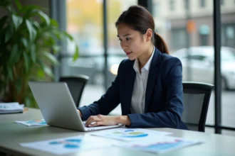 Jeune femme d'affaires analysant des données marketing