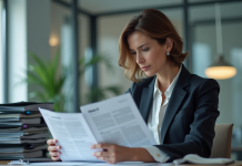 Annexe 10 : définition et importance dans votre contexte spécifique Femme d'affaires regardant un document Annexe 10 dans un bureau moderne