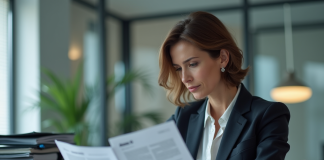 Annexe 10 : définition et importance dans votre contexte spécifique Femme d'affaires regardant un document Annexe 10 dans un bureau moderne