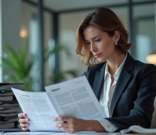 Annexe 10 : définition et importance dans votre contexte spécifique Femme d'affaires regardant un document Annexe 10 dans un bureau moderne