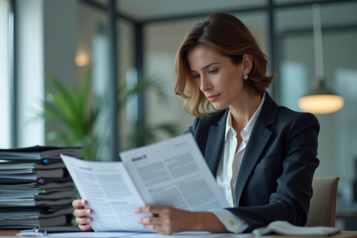 femme-affaires-annexe10 Femme d'affaires regardant un document Annexe 10 dans un bureau moderne
