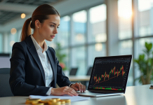 Femme d'affaires analysant des graphiques de cryptomonnaie