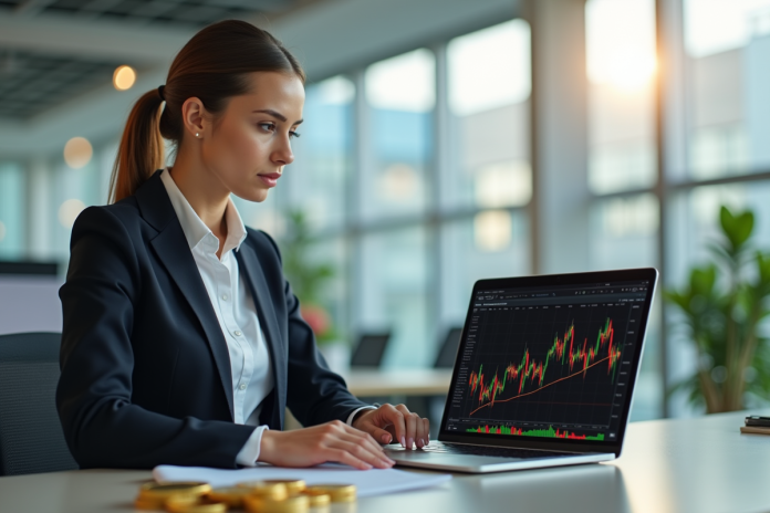 Femme d'affaires analysant des graphiques de cryptomonnaie