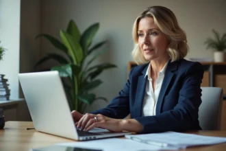 Femme d'affaires sécurisant ses démarches administratives en ligne sur un portail entreprise depuis son bureau professionnel