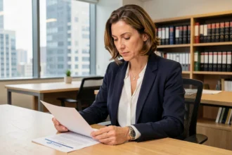 Femme d'affaires consultant des documents de propriété intellectuelle dans un bureau moderne