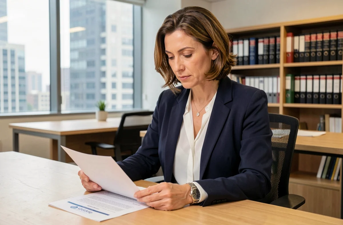 Femme d'affaires consultant des documents de propriété intellectuelle dans un bureau moderne