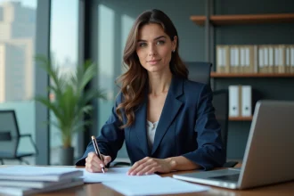Femme d'affaires en costume bleu lisant des documents juridiques