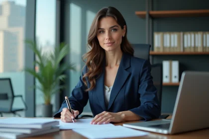 Femme d'affaires en costume bleu lisant des documents juridiques