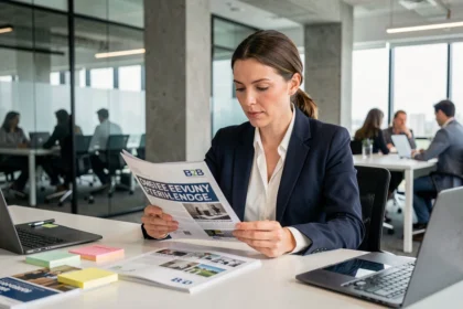 Femme d'affaires consultant un magazine B2B professionnel en entreprise pour prospecter de nouveaux clients pro
