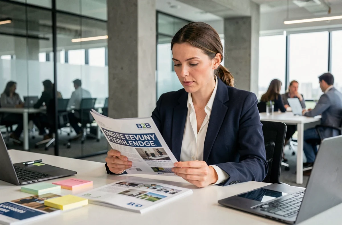 Femme d'affaires consultant un magazine B2B professionnel en entreprise pour prospecter de nouveaux clients pro