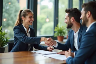 Jeune femme d'affaires souriante serre la main d'un entrepreneur dans un bureau moderne