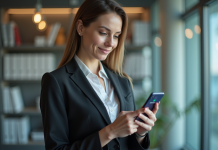 Femme d'affaires regardant son smartphone dans un bureau