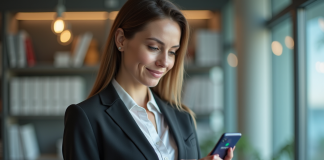 Femme d'affaires regardant son smartphone dans un bureau