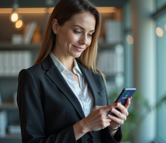 Femme d'affaires regardant son smartphone dans un bureau