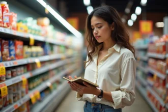 Femme analysant une étiquette de produit marque distributeur dans un supermarché de type Lidl