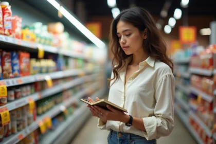 Femme analysant une étiquette de produit marque distributeur dans un supermarché de type Lidl