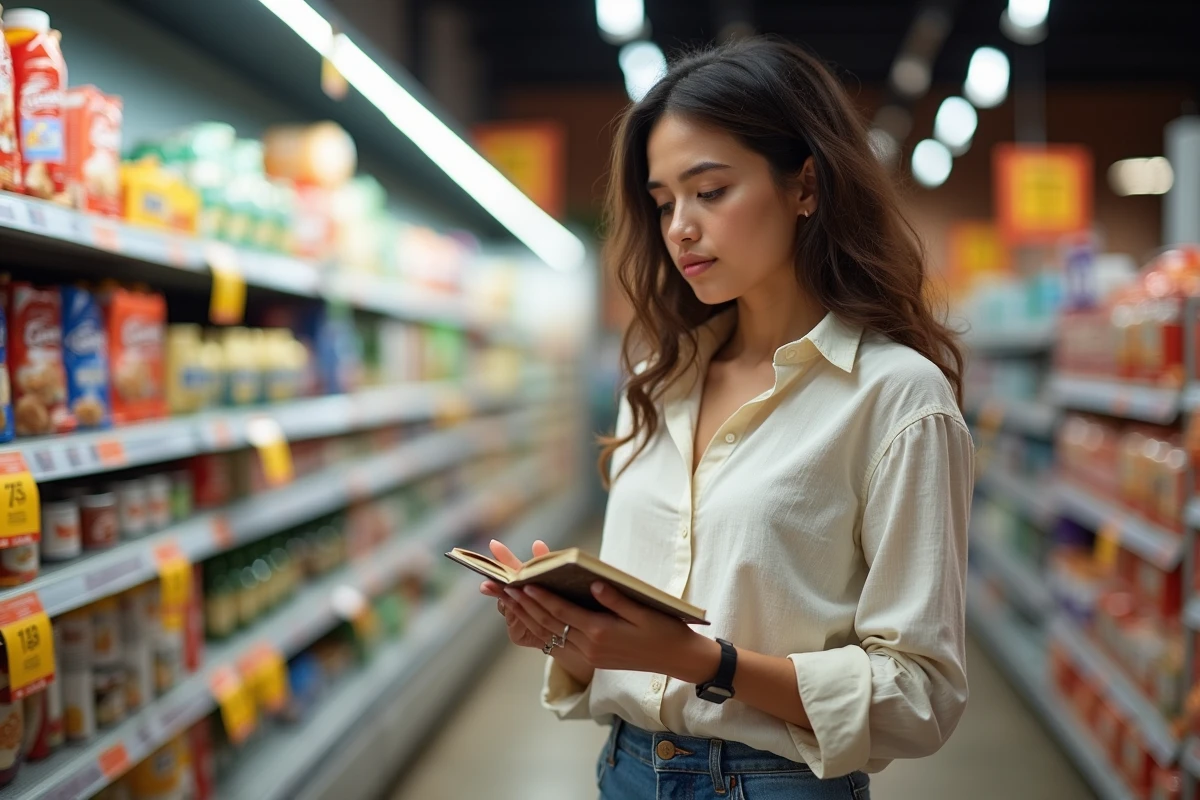 Femme analysant une étiquette de produit marque distributeur dans un supermarché de type Lidl