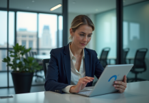 Femme en blazer bleu analysant des données sur une tablette