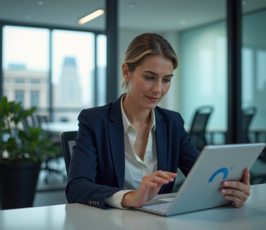 Femme en blazer bleu analysant des données sur une tablette