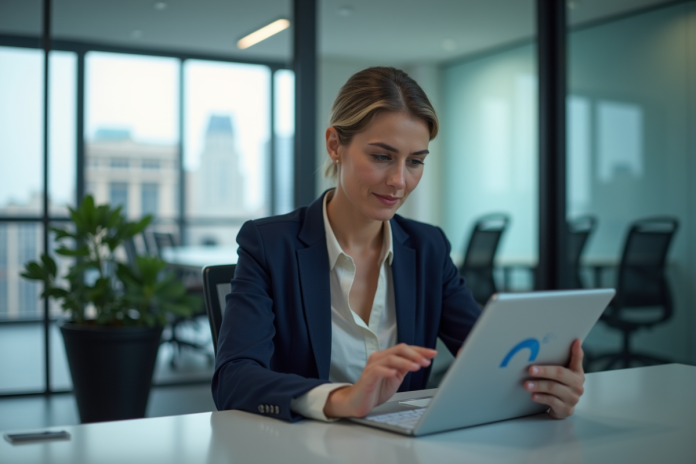 femme-analytique-bureau Femme en blazer bleu analysant des données sur une tablette