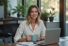 Pause rémunérée : 20 minutes, sont-elles payées? Expliqué Femme au bureau avec tasse de café et expression détendue