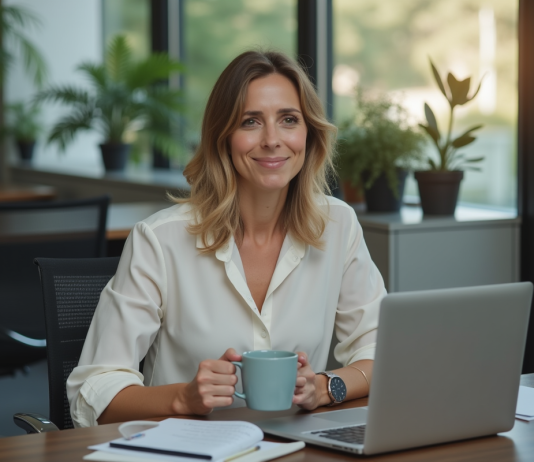 Pause rémunérée : 20 minutes, sont-elles payées? Expliqué Femme au bureau avec tasse de café et expression détendue