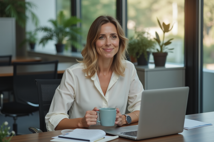 femme-bureau-detente Femme au bureau avec tasse de café et expression détendue