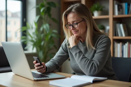 Femme d'âge moyen au bureau à domicile en tenue décontractée
