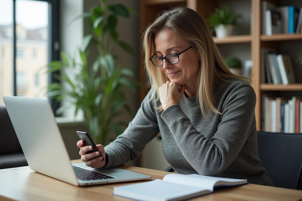Femme d'âge moyen au bureau à domicile en tenue décontractée