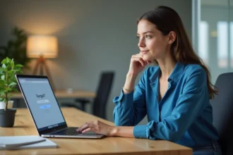 Femme assise au bureau regardant son ordinateur portable