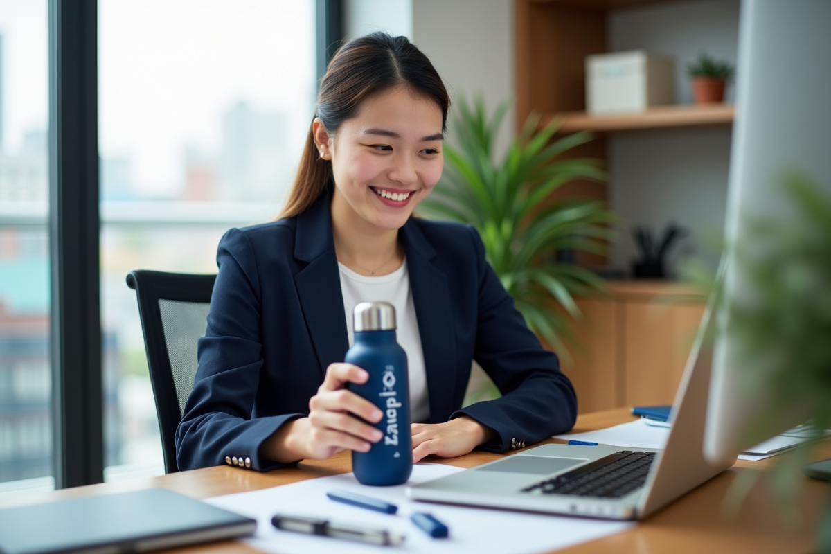 Jeune femme inspectant objets promotionnels au bureau