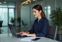 Communication par mail : stratégies pour réussir en 7 étapes Femme professionnelle travaillant sur son ordinateur en bureau