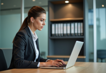 Quels sont les avantages de l’extranet du CIVC ? Femme d'affaires concentrée travaillant sur son ordinateur dans un bureau moderne