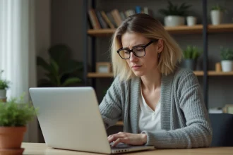 Femme en bureau à domicile travaillant sur son ordinateur