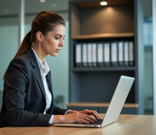 Quels sont les avantages de l’extranet du CIVC ? Femme d'affaires concentrée travaillant sur son ordinateur dans un bureau moderne